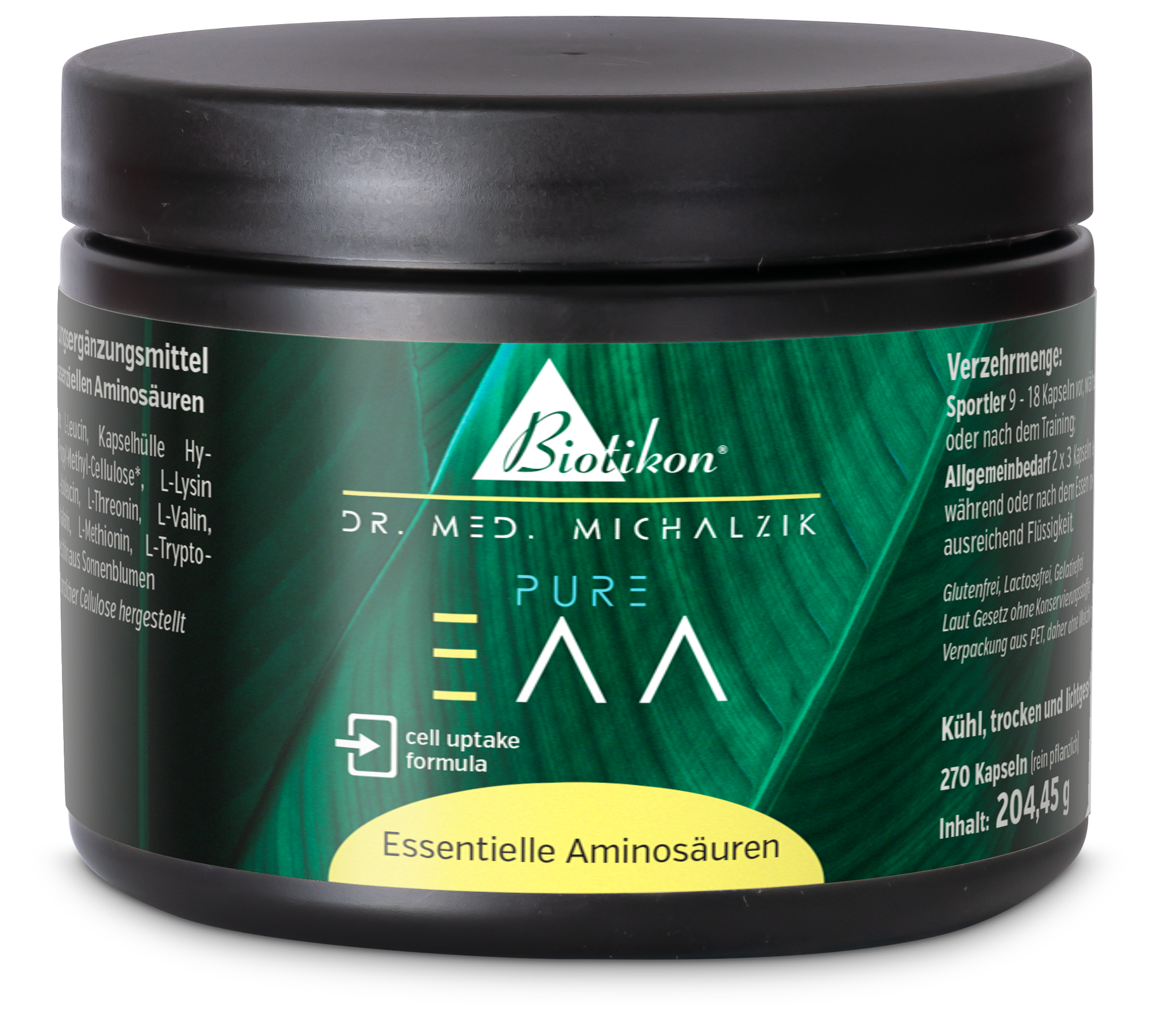 Acides Aminés Essentiels – 270 Capsules Contenant de 270 capsules d'acides aminés essentiels, emballage vert, vue de face.