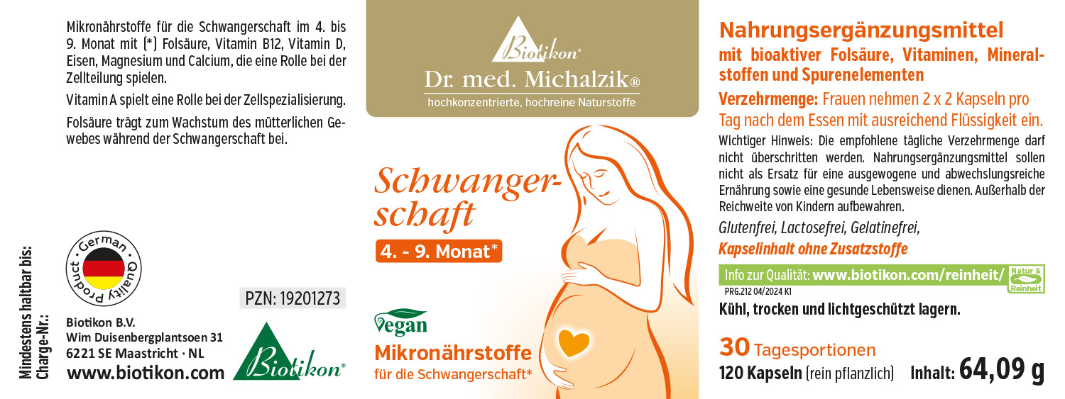 Micronutriments de grossesse – 120 capsules Complément alimentaire pour femmes enceintes, 120 capsules, contenant de l'acide folique, des vitamines et des minéraux.