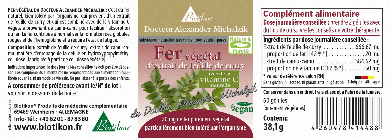 Fer extrait de feuilles de curry – 60 capsules Supplément de fer en capsules avec 20 mg de fer extrait de feuilles de curry et 50 mg de vitamine C, 60 capsules végétaliennes.