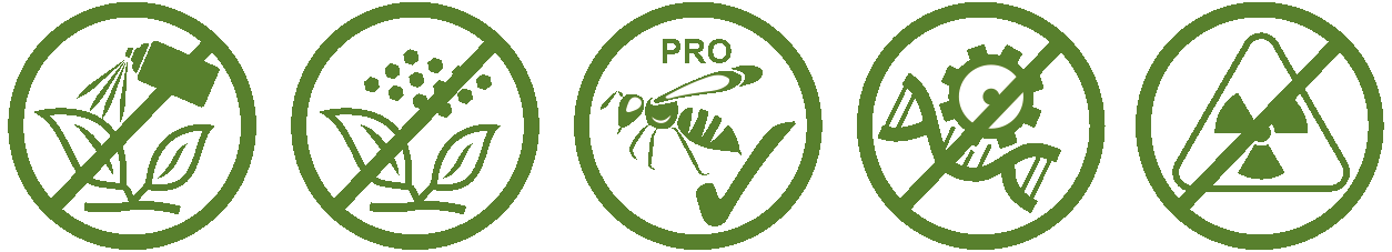 Produits de protection des plantes - Symboles écologiques Cinq symboles verts pour les produits végétaux : pas de pulvérisation, pas de pesticides, ami des abeilles, pas d'OGM, pas de radiation.