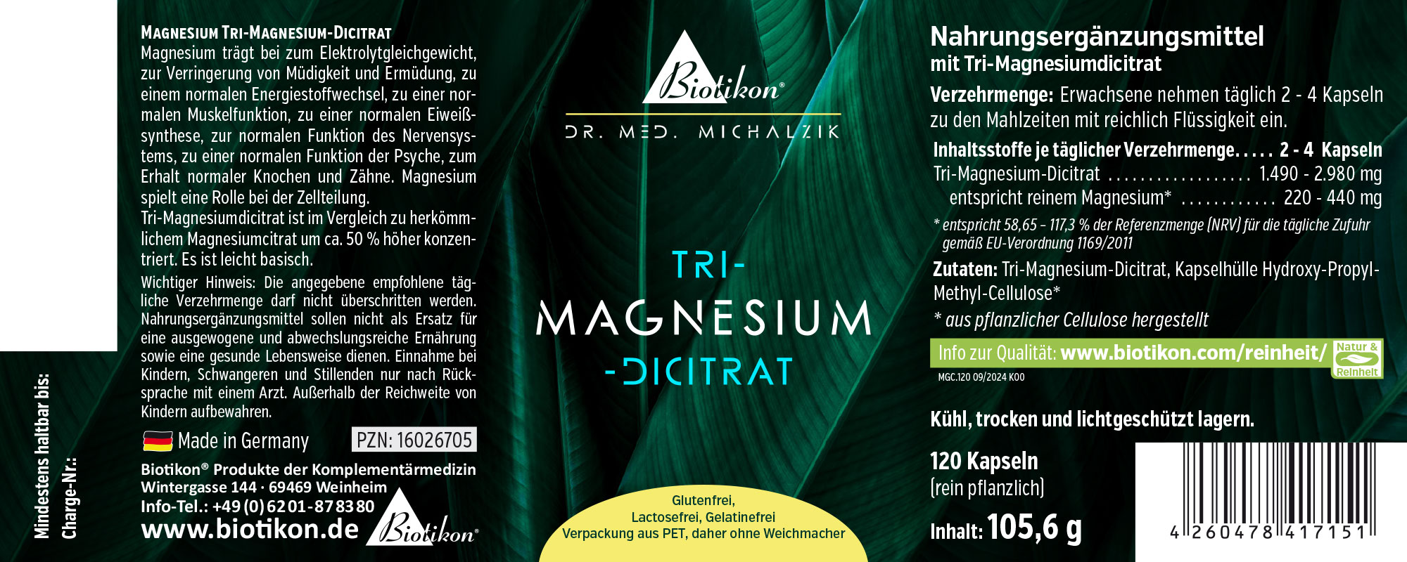 Magnésium Tri-Magnésium Dicitrat - 120 Gélules Magnésium Tri-Magnésium Dicitrat dans un emballage PET, 120 gélules, étiquetage vert, vue de face