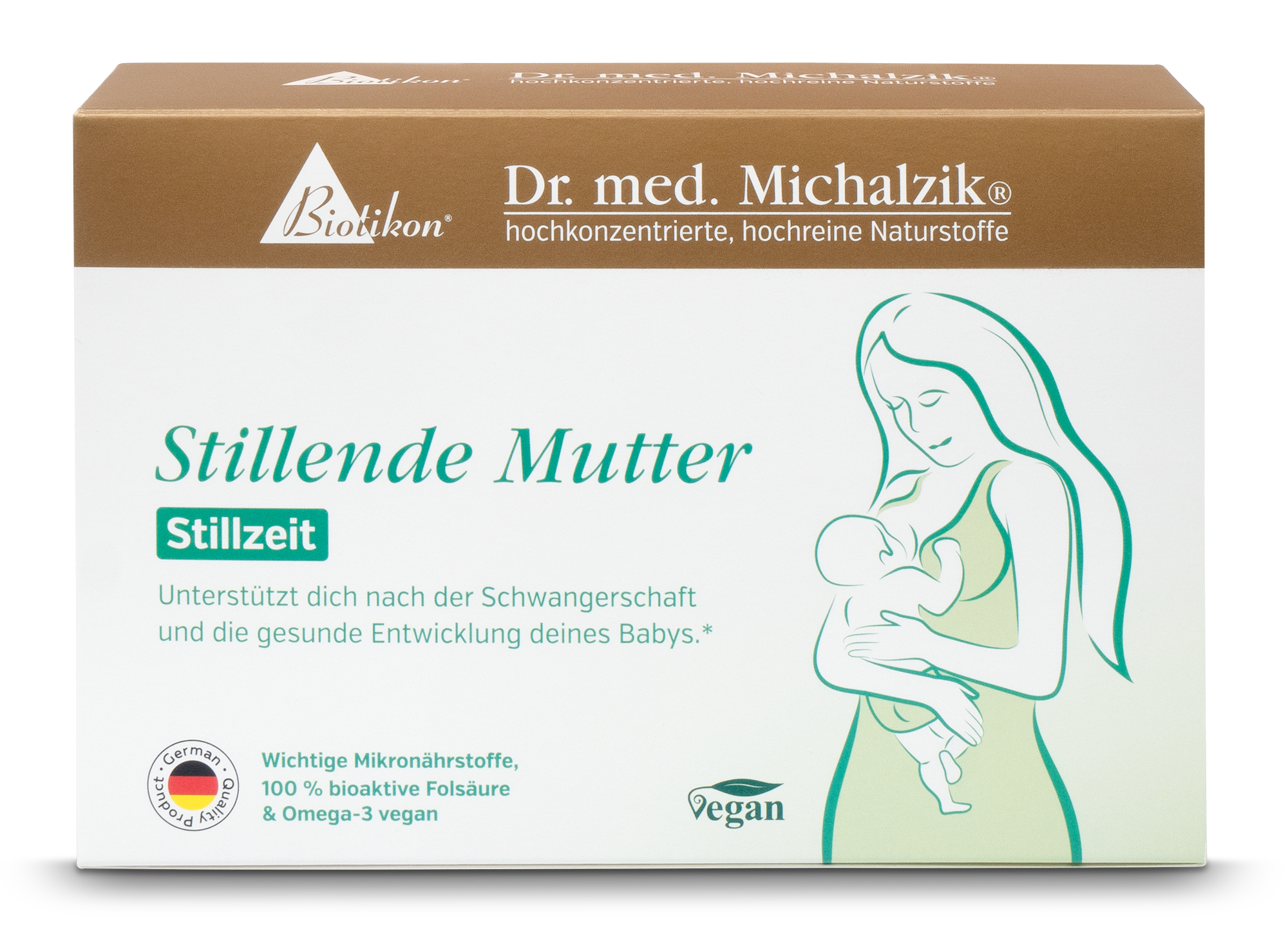 Mère allaiteuse – 30 gélules Emballage pour Mère allaiteuse, 30 gélules véganes, boîte verte et blanche, vue de face.