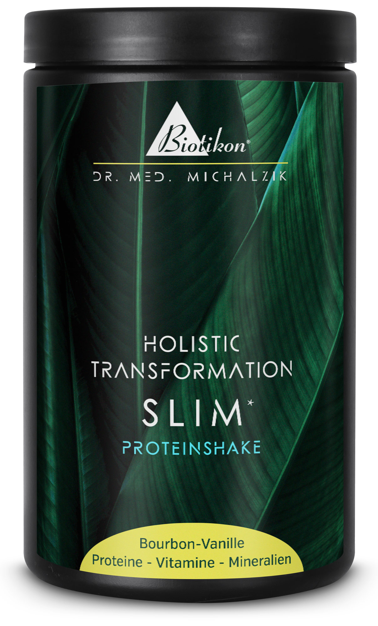 Conteneur noir de Slim Shake, saveur Bourbon Vanille, riche en protéines, vitamines et minéraux, vue latérale.