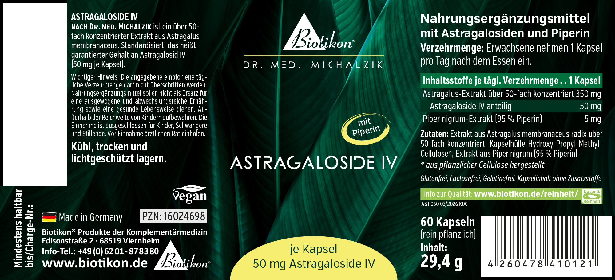 Astraloside IV, 60 comprimés à mâcher, extrait d'Astragale concentré 50:1, emballage vert et blanc.