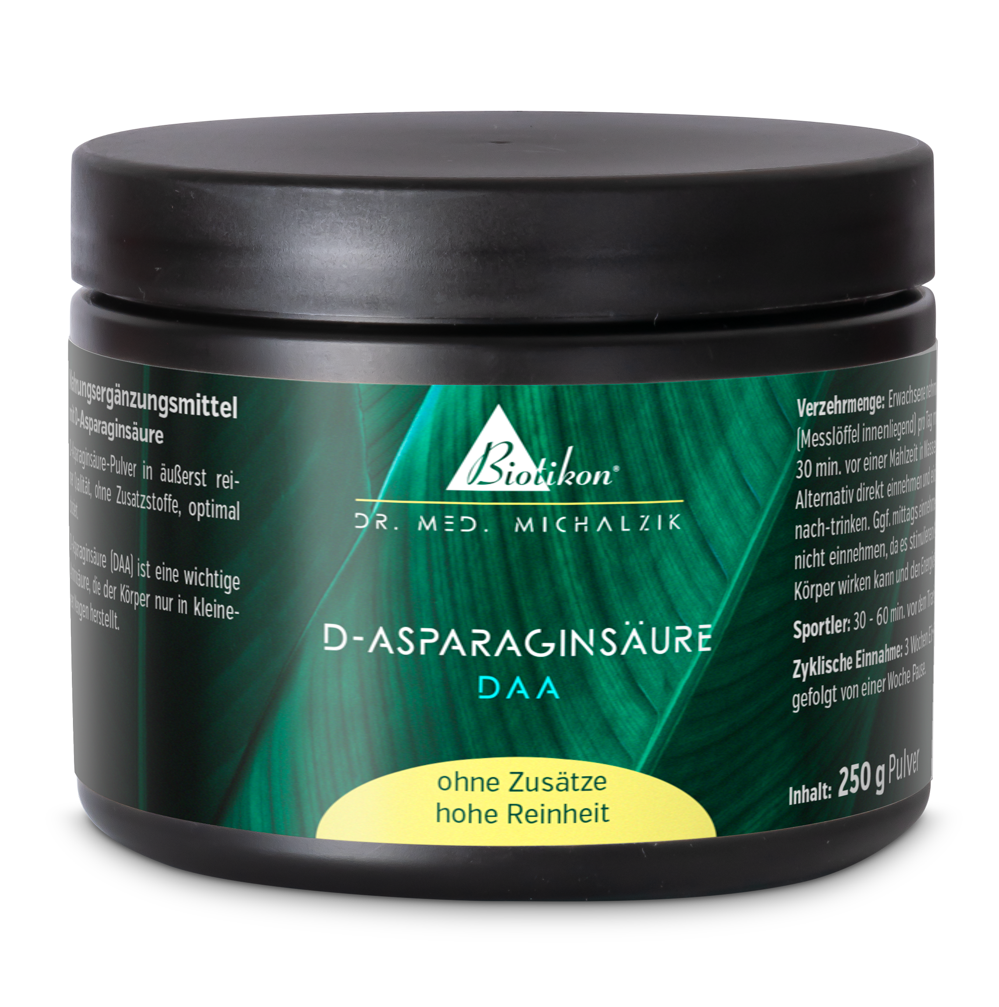 Acide D-Aspartique 250g – Poudre Poudre d'acide D-aspartique dans un contenant noir, 250g, vue latérale, haute pureté, sans additifs.