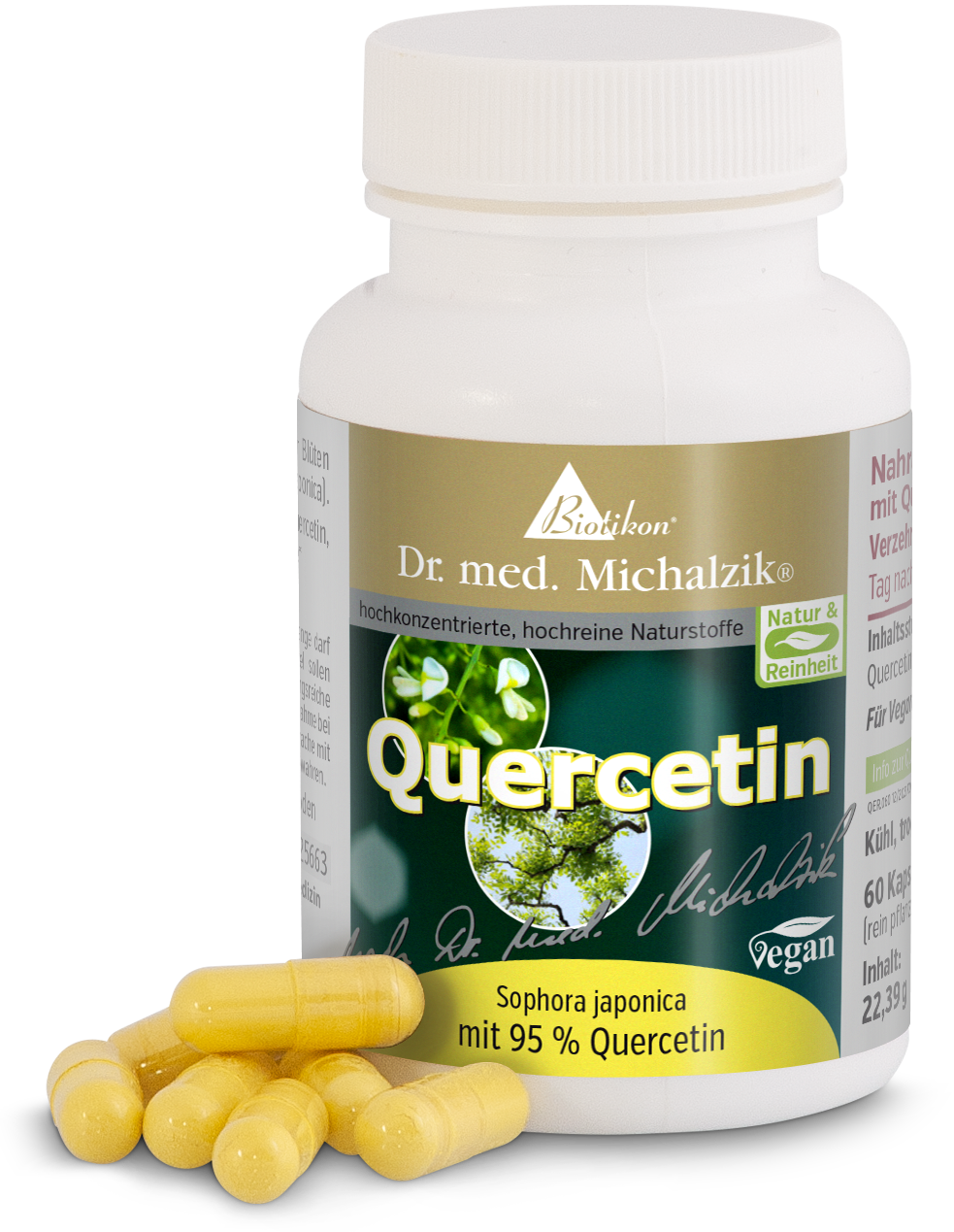 Quercétine 95 % – Gélules Complément vitaminé Quercétine en gélules, 60 pièces, gélules jaunes, vue de la bouteille et des gélules.