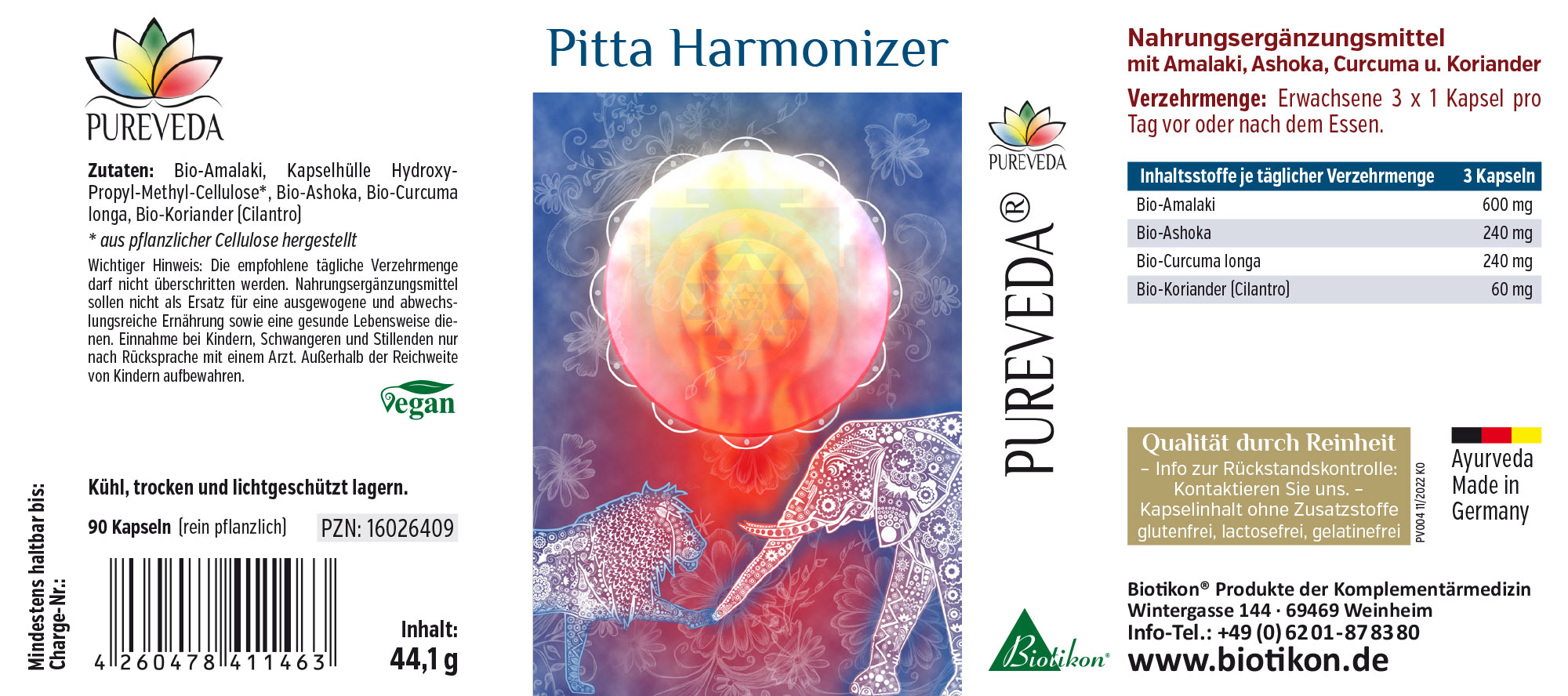 Harmonisateur Pitta – 90 Capsules Compléments alimentaires en capsules avec Amalaki, Ashoka, Curcuma et Coriandre, 90 capsules, emballage coloré.