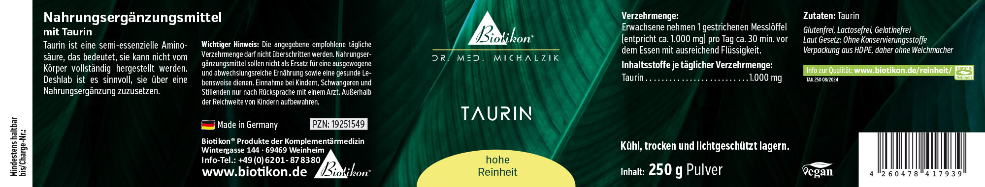 Taurine 1000 mg – Poudre 250 g Complément alimentaire Taurine sous forme de poudre, 250 g, emballage vert, vue latérale.