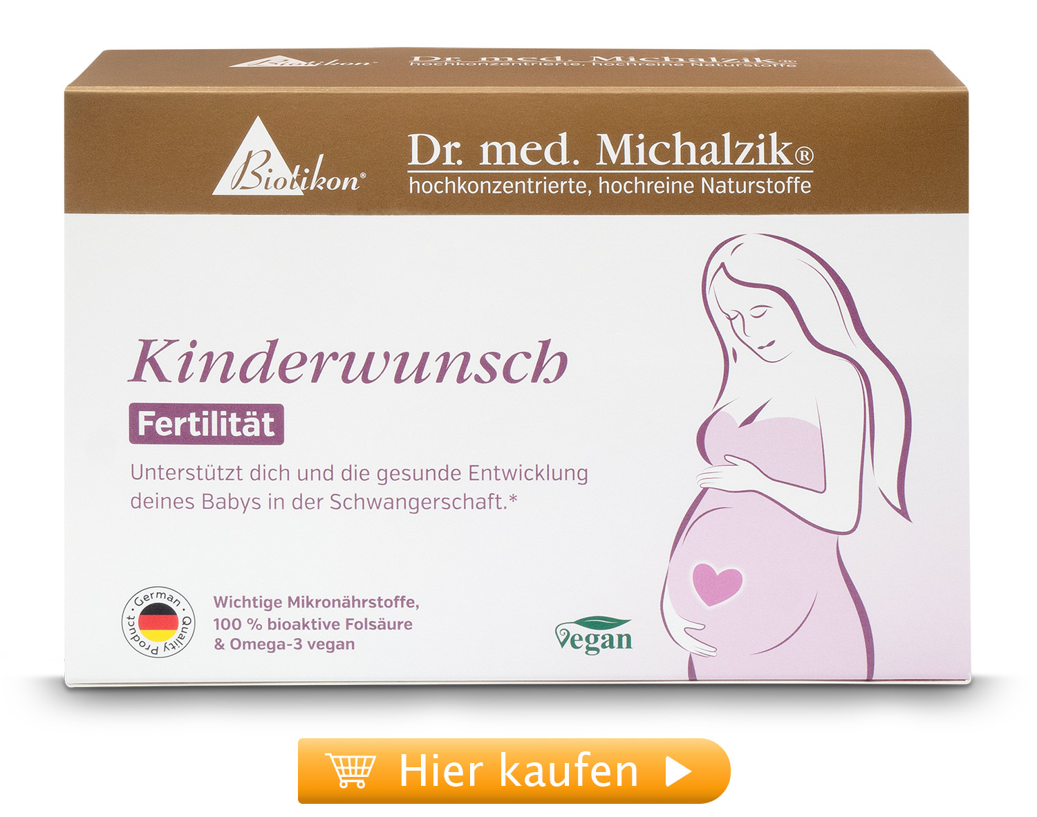 Suppléments Fertilité pour Planification Familiale – 30 Caps Emballage pour suppléments de fertilité avec 30 capsules vegan dans une boîte blanche avec texte violet et illustration d'une femme enceinte.