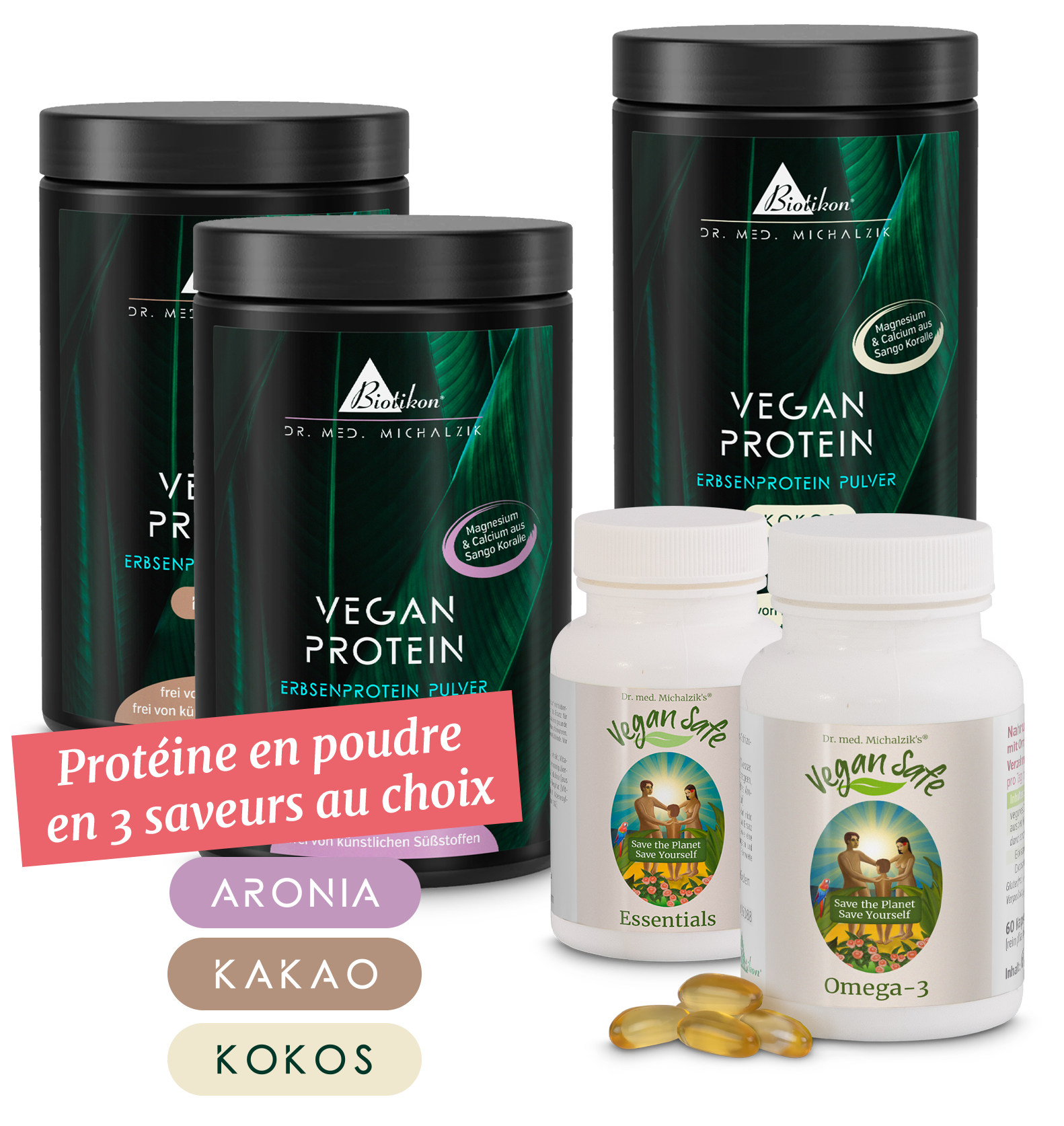 Trois boîtes de protéines végétales en poudre de différentes saveurs et deux bouteilles de compléments nutritionnels, le tout aux couleurs vives.