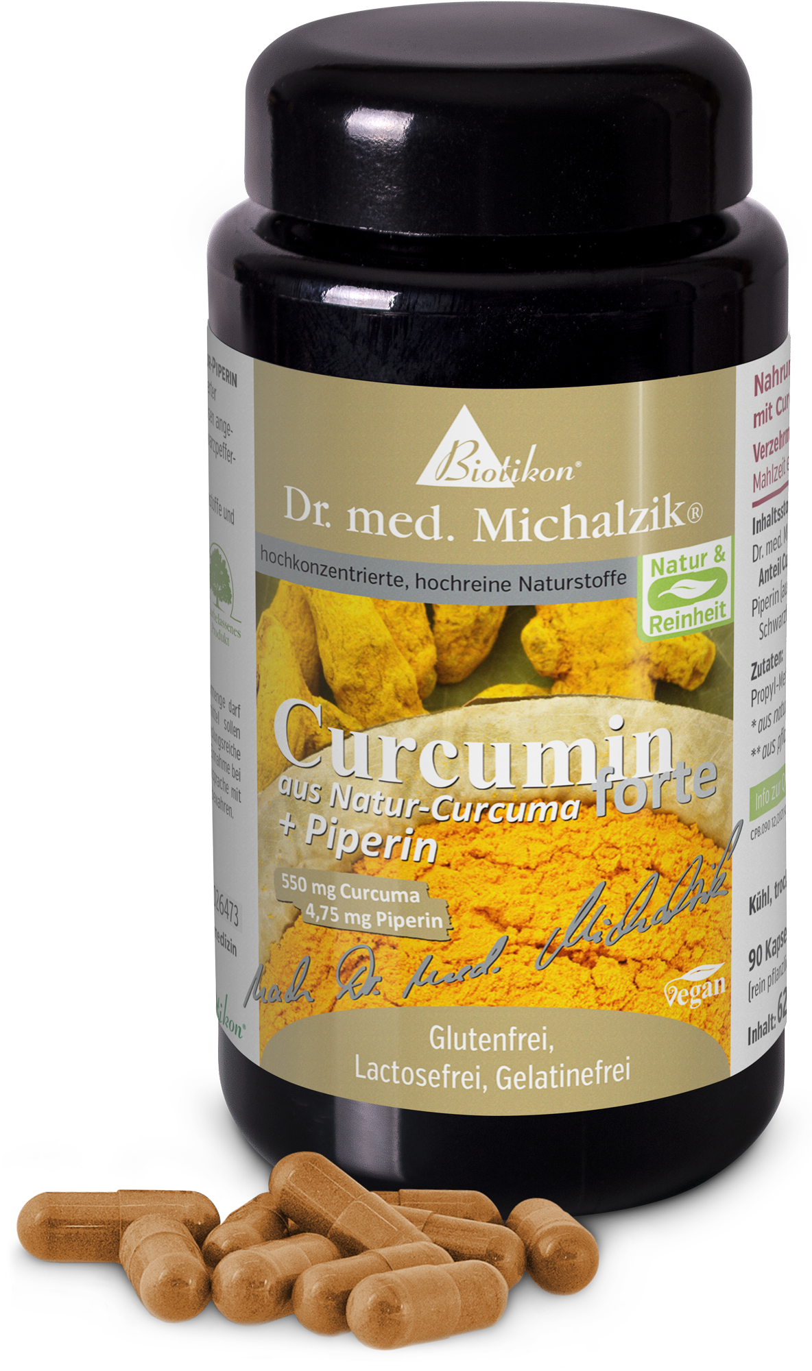 Curcumine 550 mg – Gélules Flacon en verre brun contenant 90 gélules, étiqueté produit de curcuma avec pipérine.