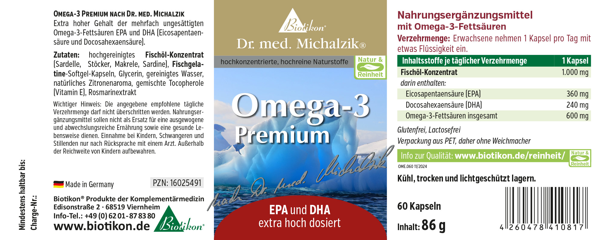 Omega-3 Premium 1000 mg - 60 Gélules Complément alimentaire Omega-3 en gélules, 60 pièces, présenté dans un emballage brun, légèrement incliné.