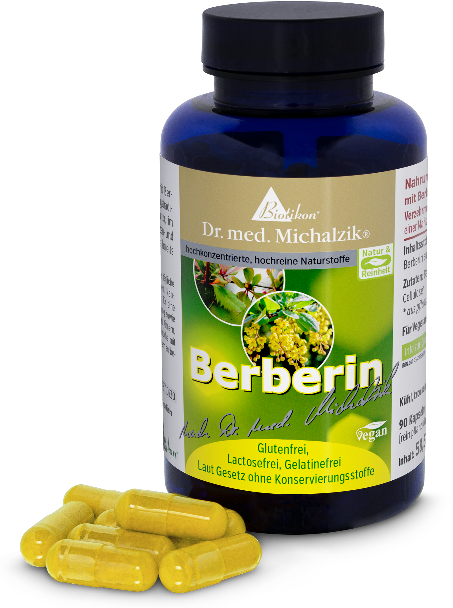 Berbérine 90 Capsules – Vegan Complément alimentaire de berbérine, 90 capsules jaunes dans une bouteille bleue, vue de côté.
