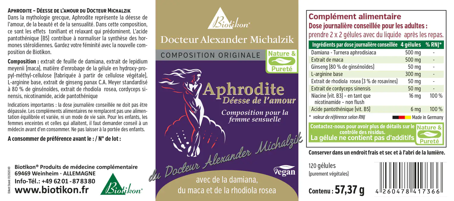 Aphrodite – Déesse de l'Amour – 120 Capsules Capsules végétariennes contenant 500 mg de Damiana, Maca et Rhodiola rosea, paquet violet, vue de face.