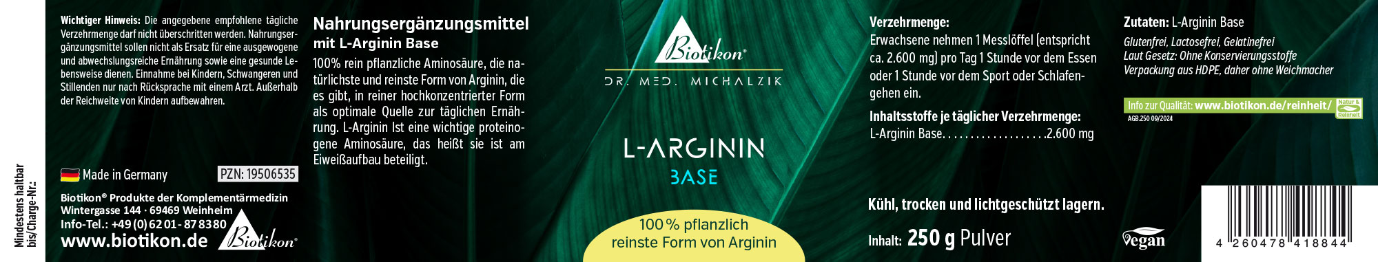 Base de L-Arginine 250g - Poudre Complément alimentaire L-Arginine, poudre de 250g, emballage vert, vue de côté.