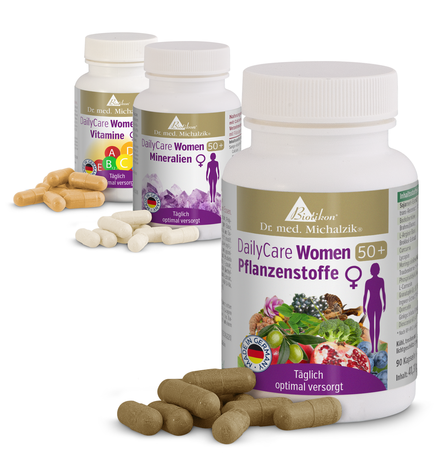 Lot DailyCare Femmes 50+ avec 3 Contenants Complément alimentaire DailyCare Femmes 50+ dans une bouteille blanche avec 90 capsules, couleurs marron et crème, sur un fond neutre.