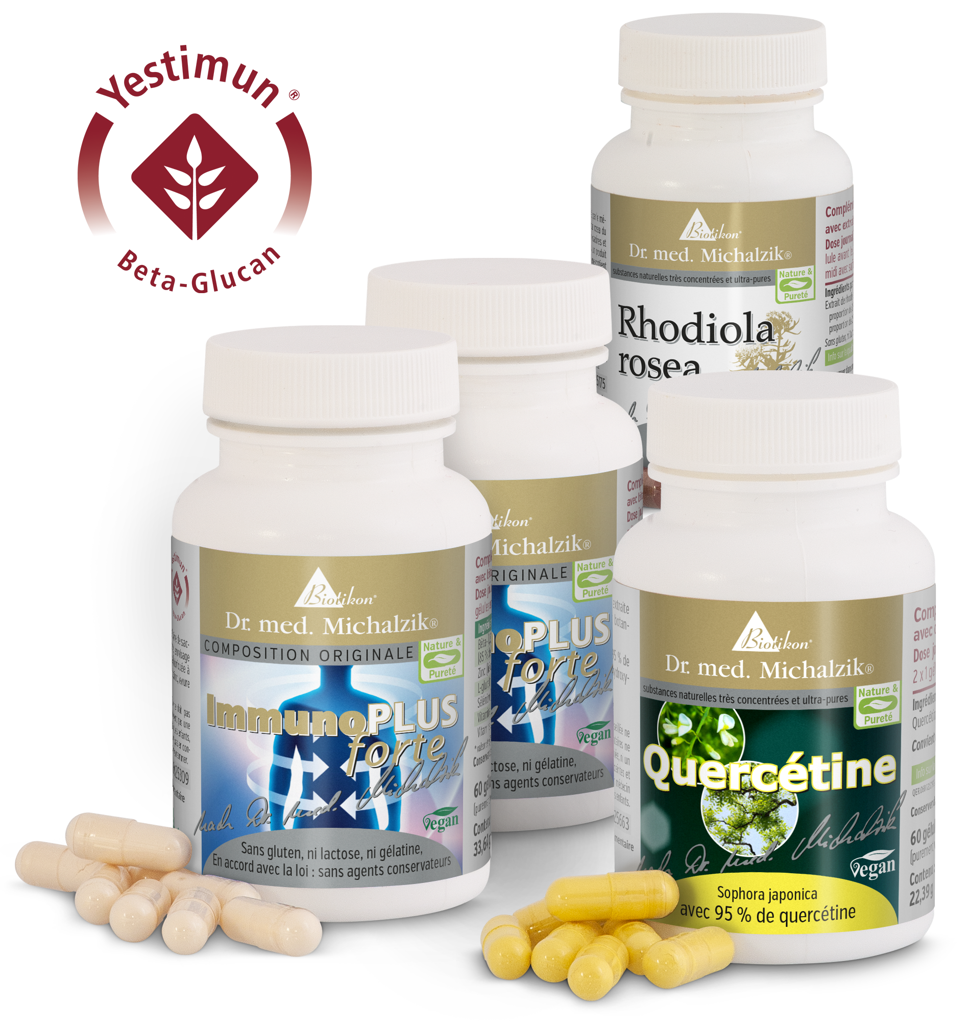 ImmunoPLUS Forte – Capsules 330 mg Quatre bouteilles de compléments alimentaires, capsules jaunes et transparentes, 330 mg et 60 capsules.