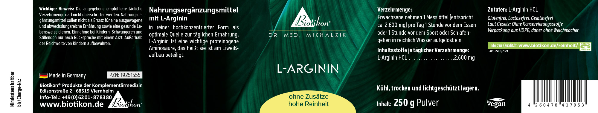 Complément alimentaire L-Arginine, poudre de 250 g dans un emballage vert, vue de côté.