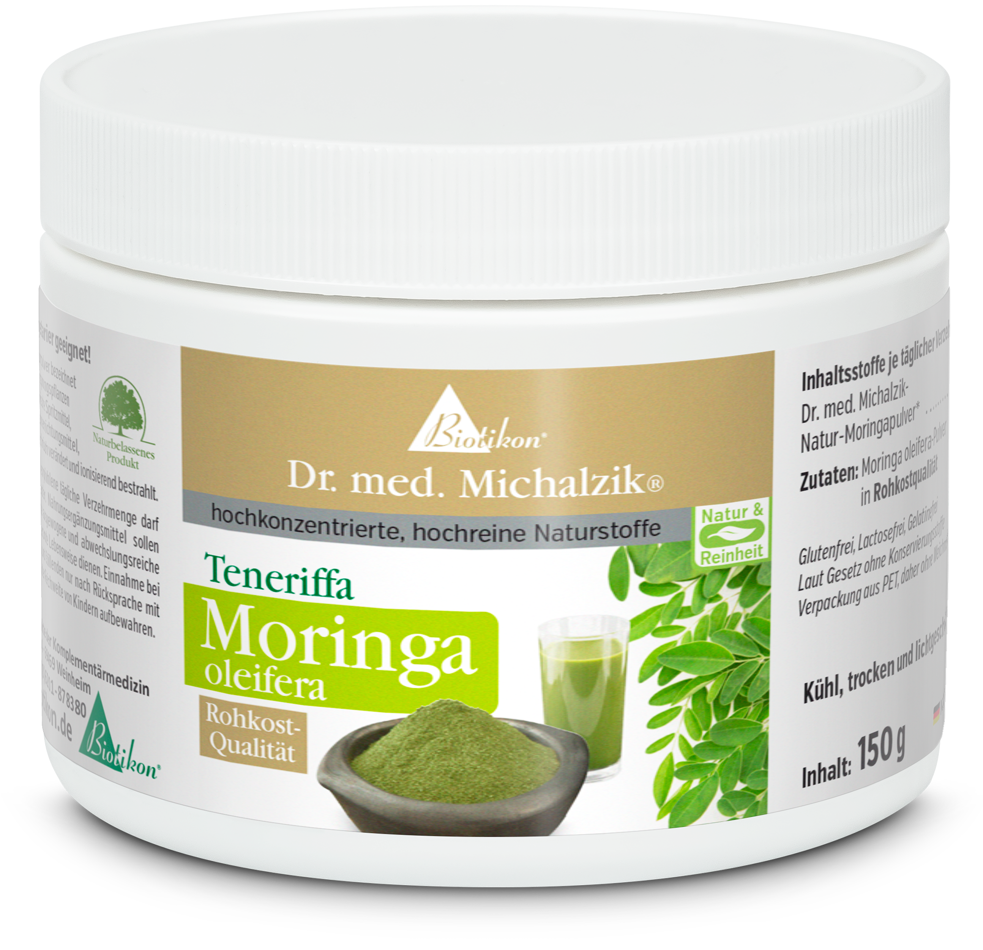 Poudre de Moringa Oleifera – 150 g Poudre de Moringa Oleifera dans un conteneur blanc, 150 g, avec impression verte, montre la poudre et la boisson.