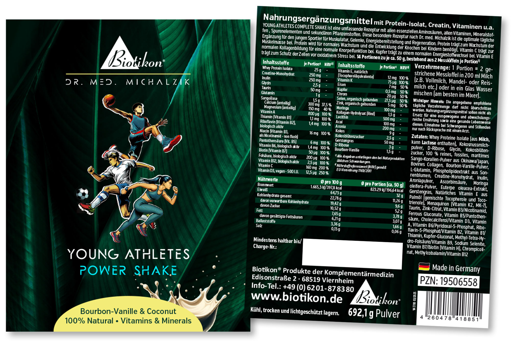 Power Shake – Poudre de 692 g Poudre de protéine pour jeunes athlètes, saveur vanille Bourbon & noix de coco, 692 g, enrichie en nutriments.