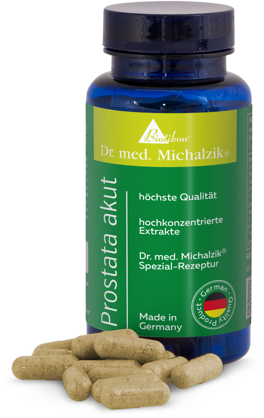 Prostate aiguë – Capsules Contenant de capsules vertes avec 60 capsules visibles sur un fond blanc, finition de haute qualité.