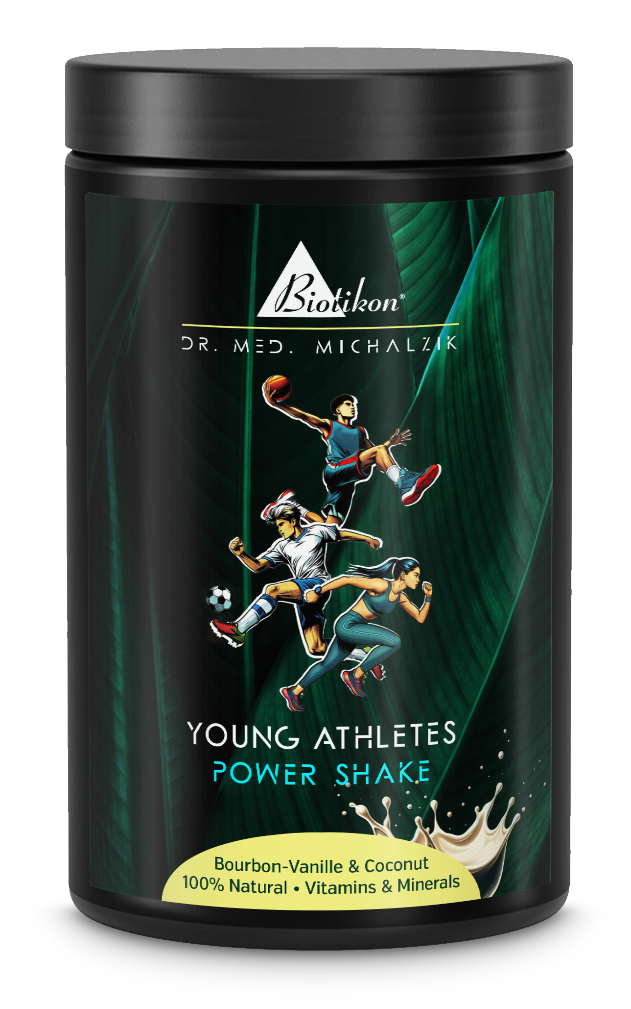 Power Shake pour jeunes athlètes – 400 g Contenant noir avec Power Shake pour jeunes athlètes, saveur vanille bourbon et coco, 400 g, avec motifs sportifs.