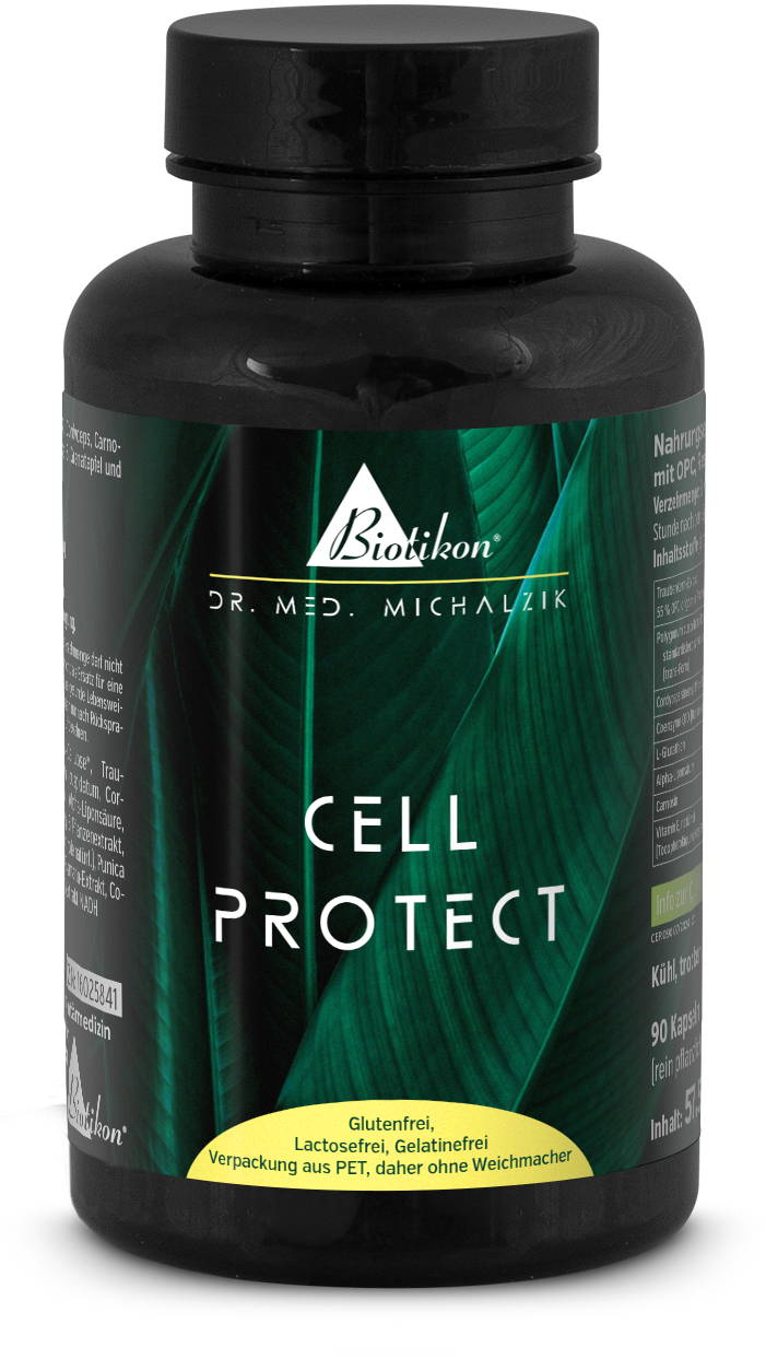 Cell Protect – 90 Capsules Complément alimentaire Cell Protect dans une bouteille PET, 90 capsules, emballage vert, vue de face.