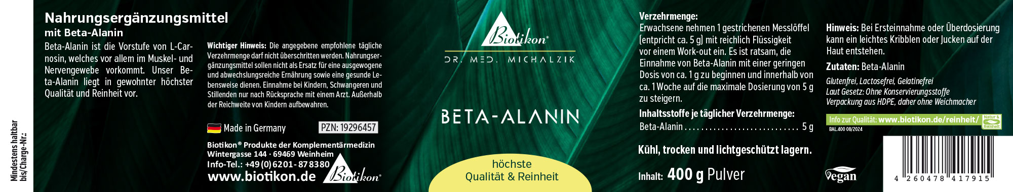 Bêta-Alanine 400 g – Poudre Complément alimentaire Bêta-Alanine en emballage de poudre de 400 g avec un design vert.