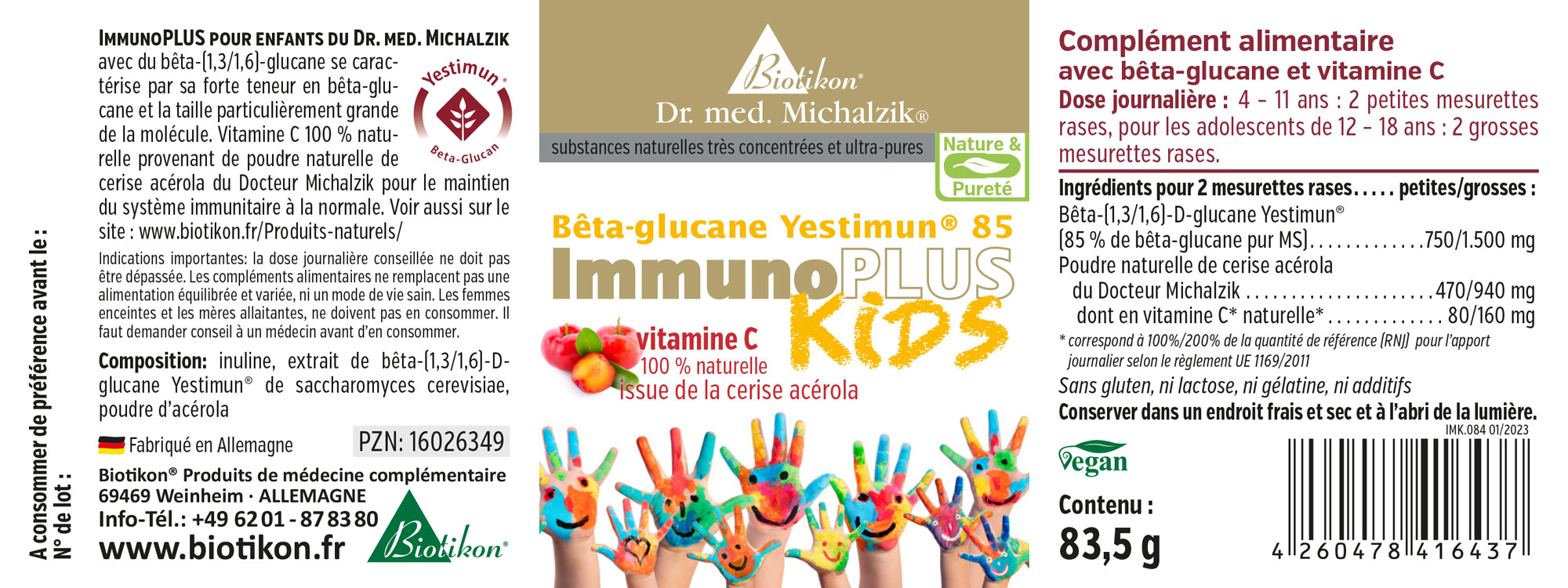 Bêta-Glucane ImmunoPLUS Enfants - 83,5 g Complément alimentaire ImmunoPLUS Enfants avec Bêta-glucane et Vitamine C, 83,5 g, emballage avec des mains colorées.