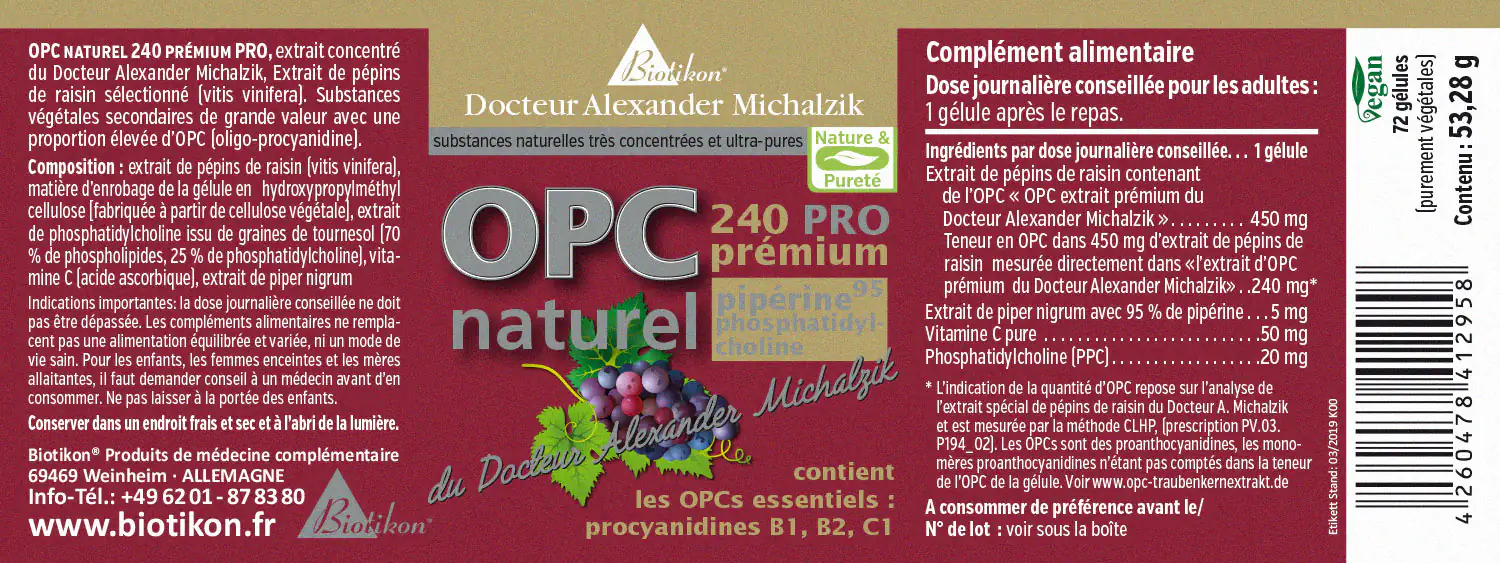 OPC Naturel 240 PRO – Capsules Complément alimentaire vegan, 72 capsules, emballage orange et violet, vue de devant, contient de l'extrait de pépins de raisin.