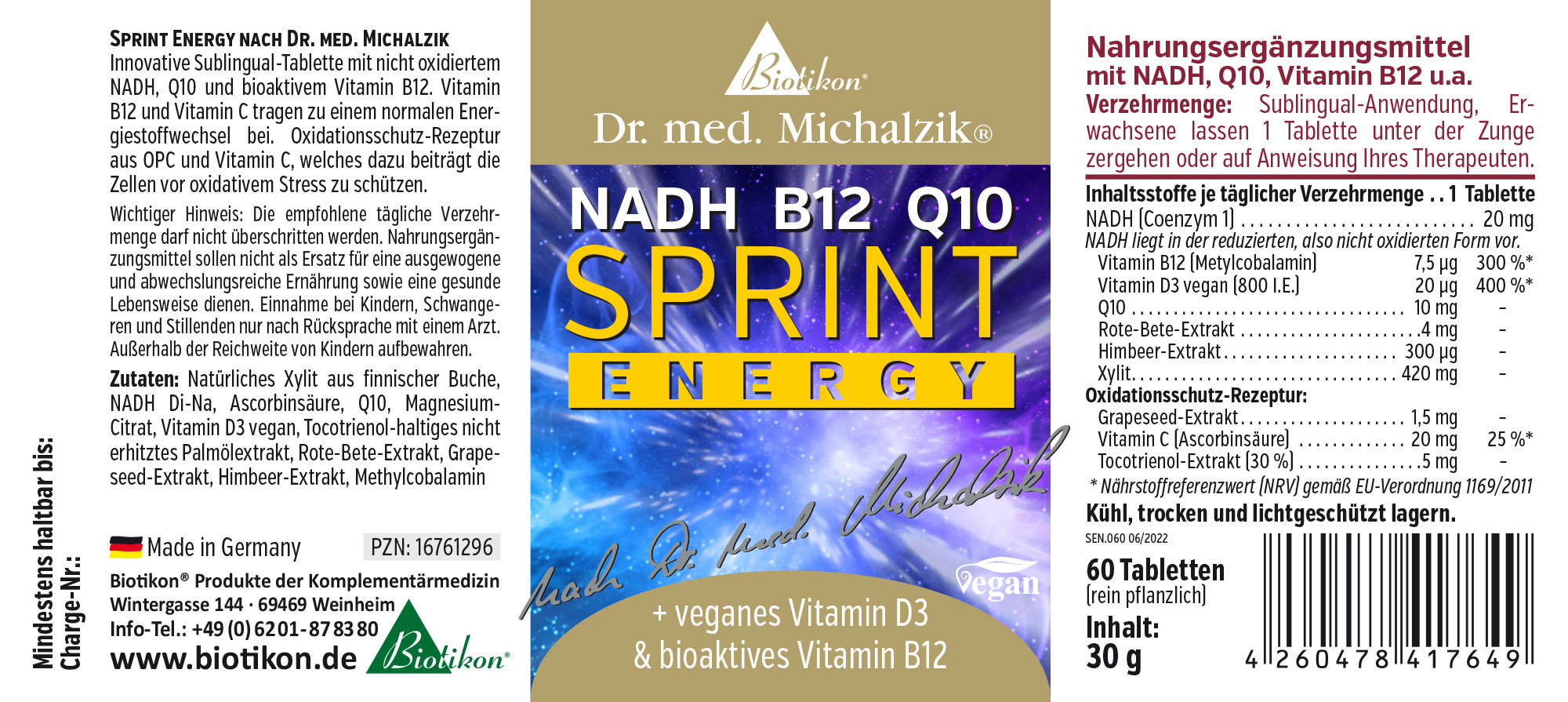 Sprint Energy – 60 Comprimés Complément alimentaire en emballage de 60 comprimés sublinguaux contenant NADH, Q10 et vitamine B12, végétalien, 30 g.