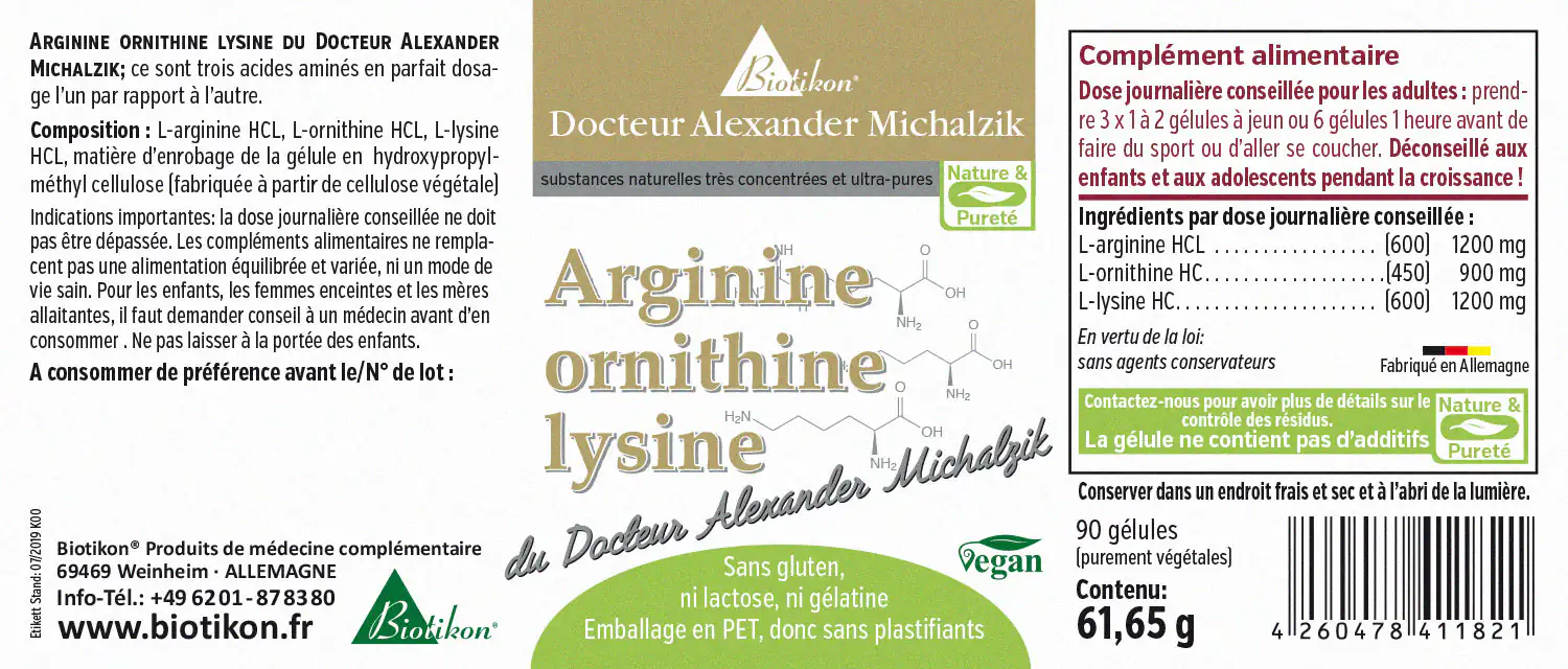Arginine Ornithine Lysine – 90 Capsules Complément alimentaire en emballage PET, 90 capsules végétales, contient L-Arginine, L-Ornithine, L-Lysine, sans gluten.