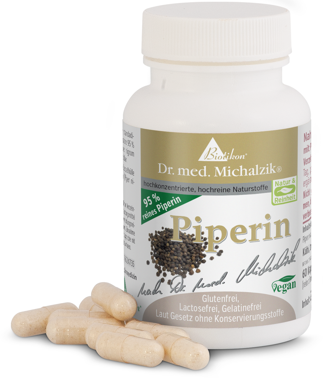 Piperine 95 % – 60 Gélules Gélules de piperine, 60 pièces, enveloppe végétalienne, dans un flacon blanc sur un fond clair.