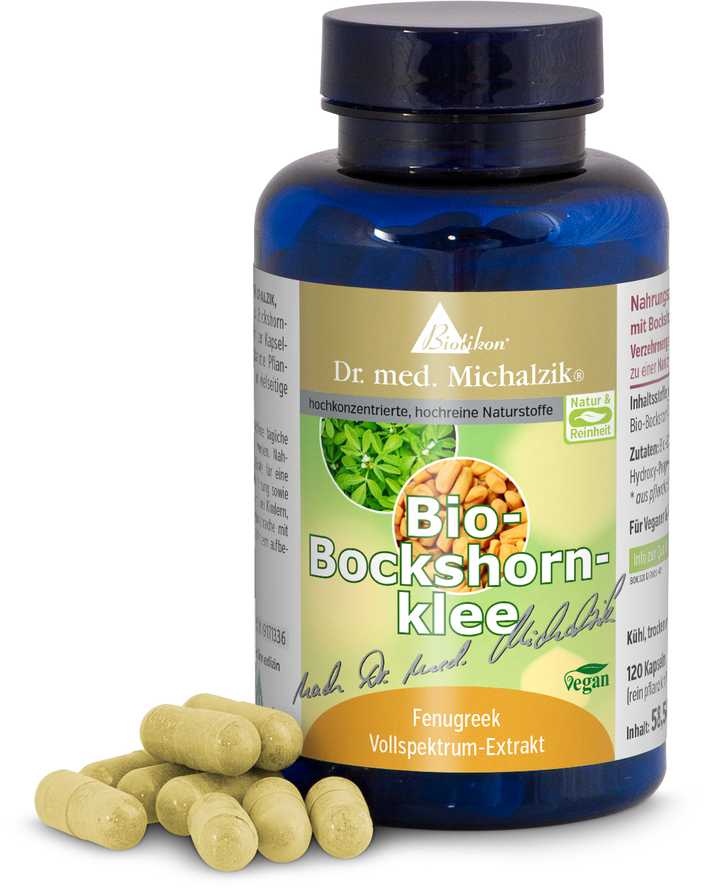 Fénugrec Bio 120 Capsules – Extrait à Spectre Complet Bouteille d'extrait de fénugrec bio à spectre complet, 120 capsules jaunes dans un emballage bleu, vue latérale.