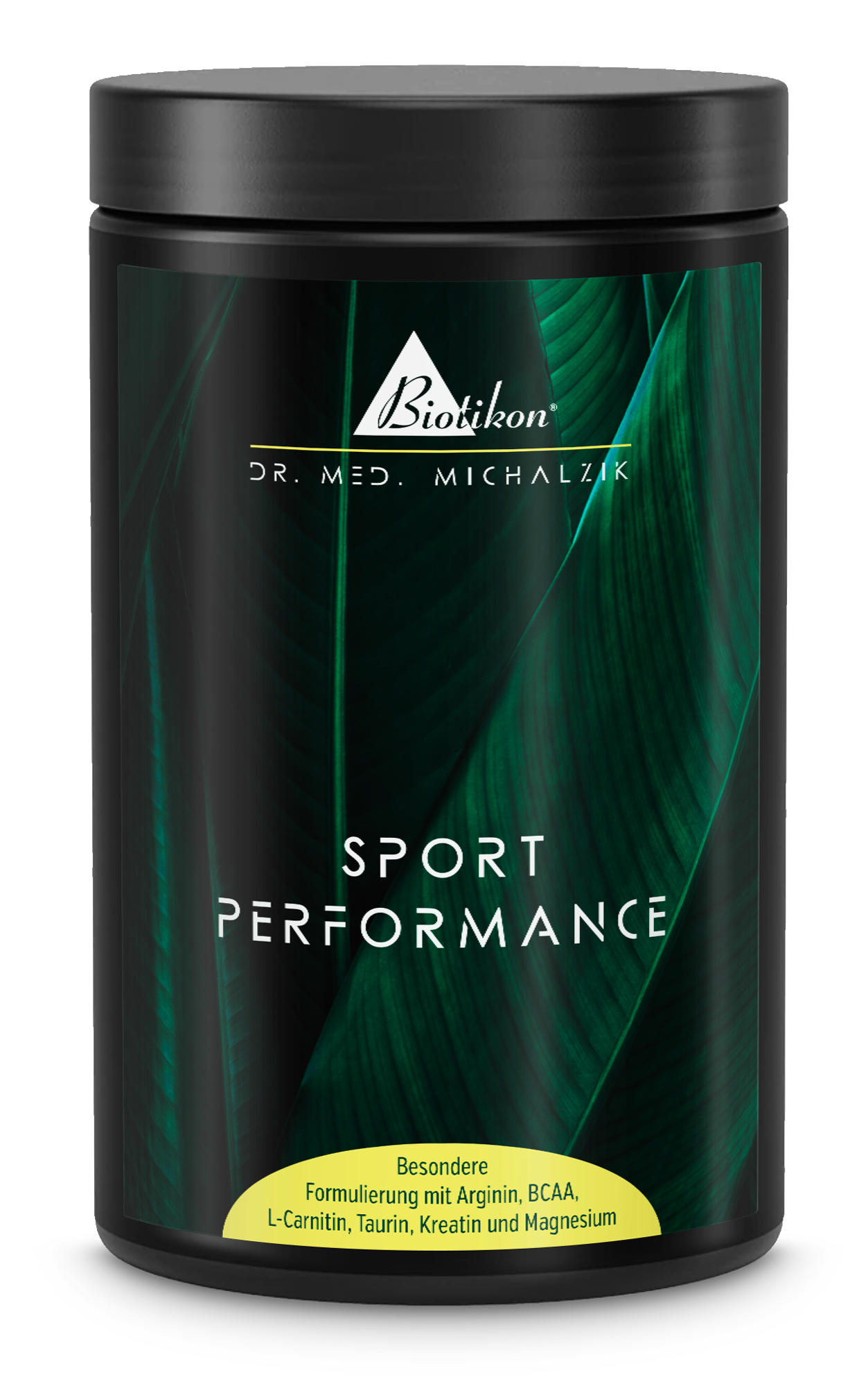 Poudre de Performance Sportive – 300 g Boîte de poudre de performance sportive, 300 g, emballage noir avec feuilles vertes, vue de face.