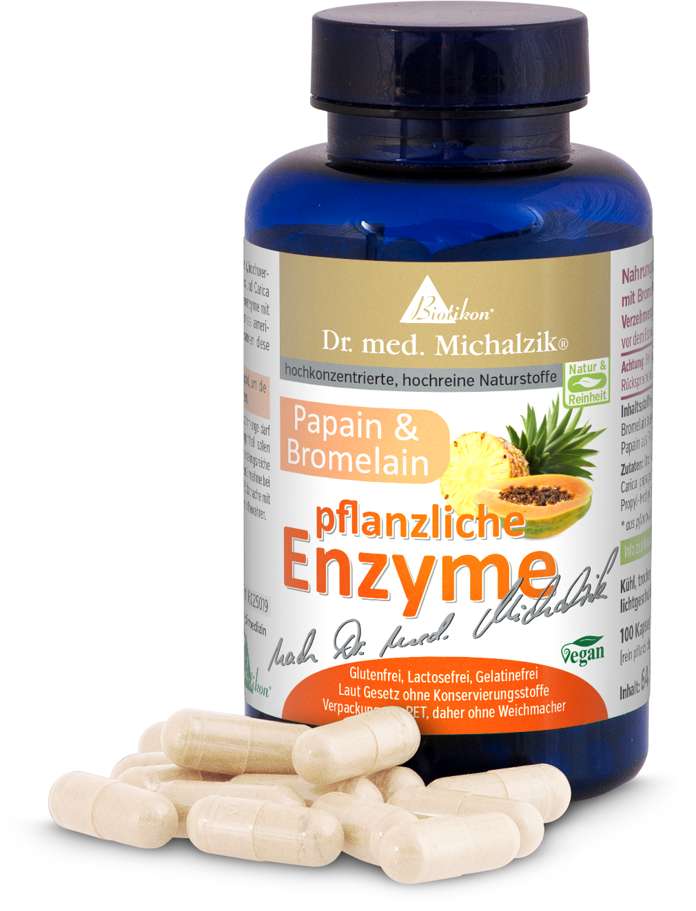 Enzymes Végétales – 100 Capsules Bouteille bleue contenant 100 capsules, avec de la papaïne et de la bromélaïne, végan et sans gluten.