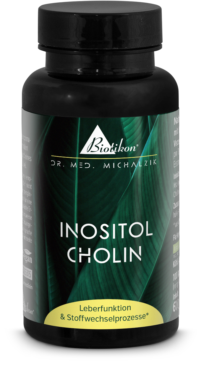 Bouteille bleue contenant des capsules d'inositol cholin, 100 pièces, à côté des capsules sur fond blanc.