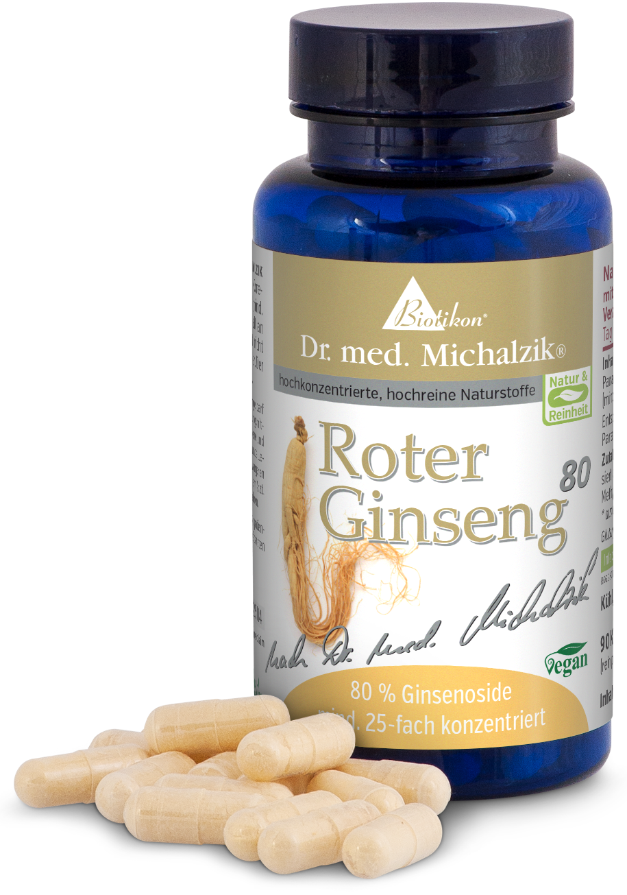 Ginseng Rouge 80 Capsules – Formule Végétalienne Bouteille de ginseng rouge avec 80% de ginsénosides, 25 fois concentré, capsules végétaliennes transparentes, emballage bleu.