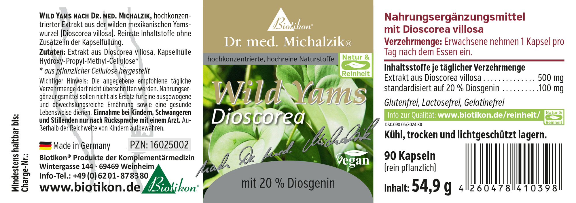 Yam Sauvage Dioscorea 500 mg – Capsules 90 capsules de Yam Sauvage contenant 20% de Diosgénine, extrait concentré, végan, dans un emballage clair.