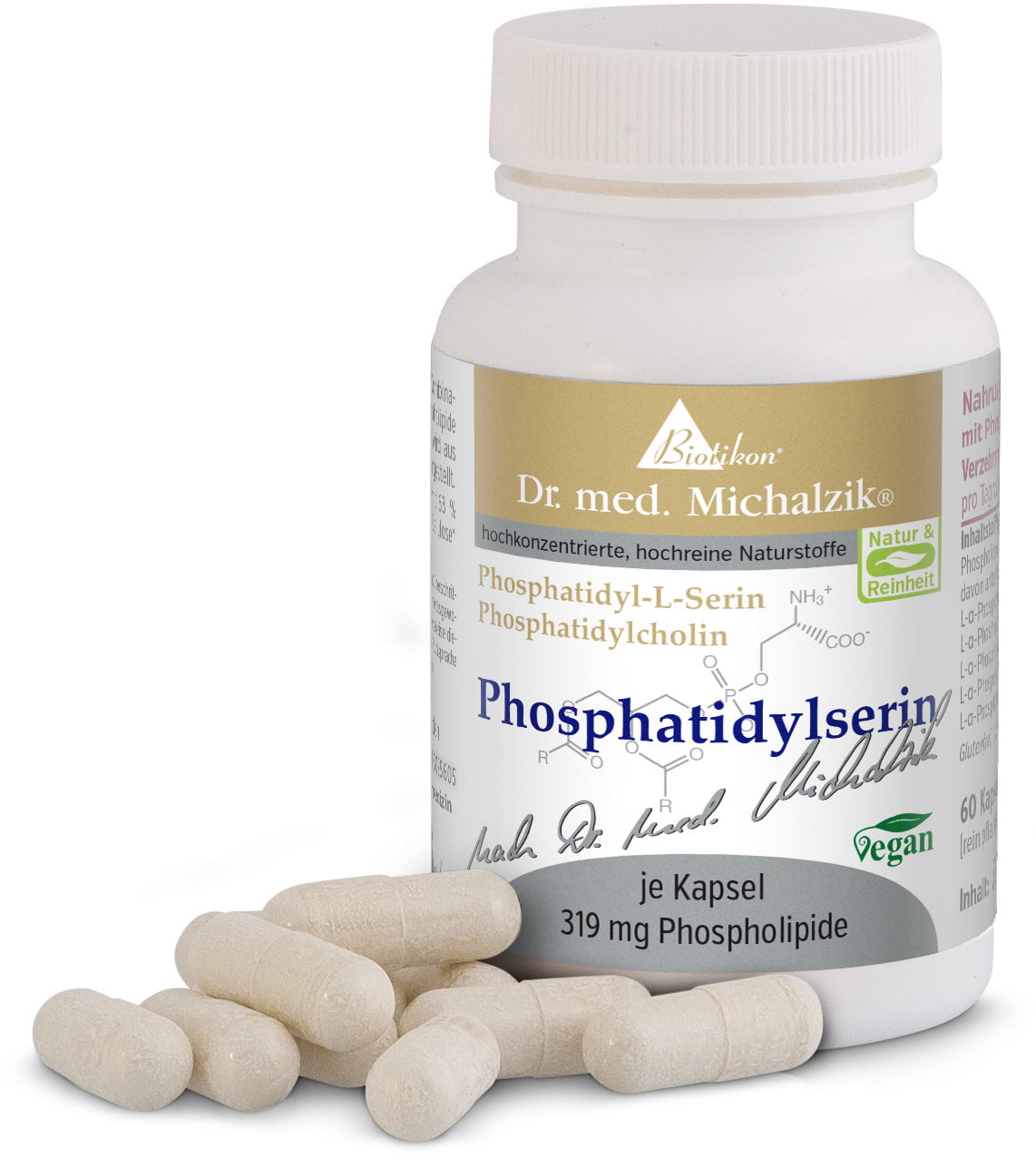 Phosphatidylsérine 319 mg – Gélules Bouteille de gélules de phosphatidylsérine, 60 pièces, gélules beiges, vue de face.
