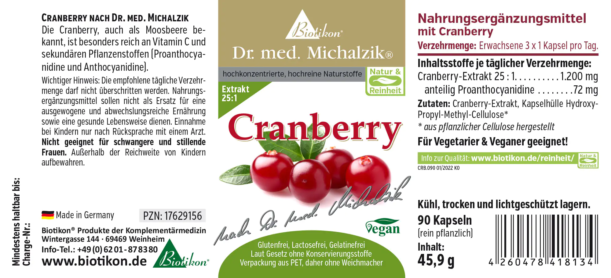 Extrait de Canneberge 1200 mg – Capsules Complément alimentaire de canneberge, 90 capsules végétales, emballage vert, description du produit en français.