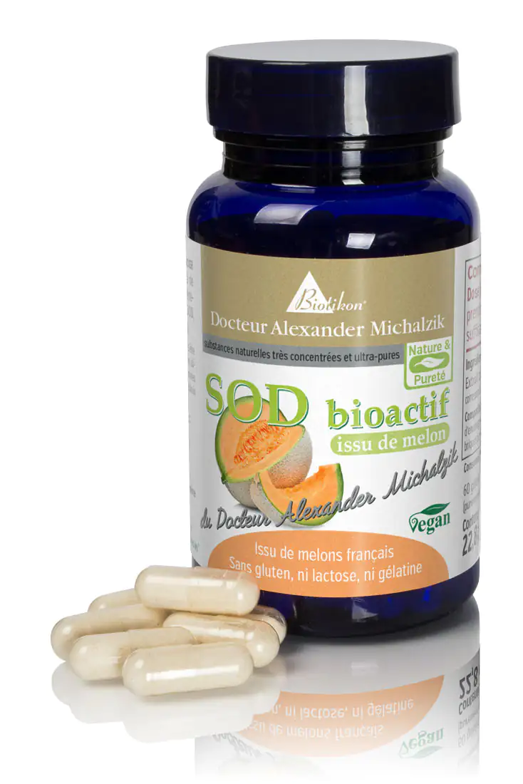 SOD Bioactif – 60 Capsules Bouteille bleu foncé avec 60 capsules, produit SOD Bioactif à base de melons, vegan, sans gluten et sans lactose.