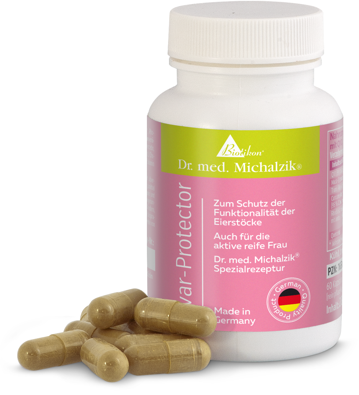 Eivar Protector – 60 Gélules Eivar Protector dans une bouteille rose, 60 gélules, fabriqué en Allemagne, sur fond blanc.
