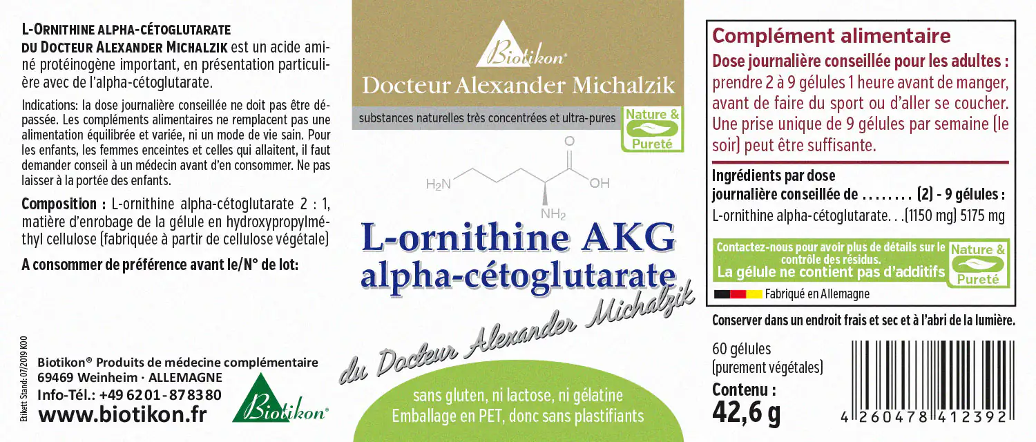 L-Ornithine AKG 1150 mg – 60 Gélules L-Ornithine alpha-cétoglutarate, 60 gélules molles dans un emballage PET, verdâtre. Vue du produit avec informations.