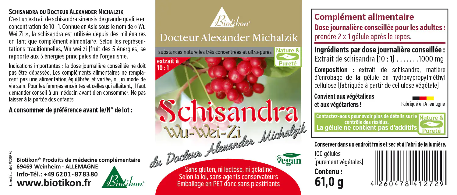 Schisandra 1000 mg – Capsules Capsules de Schisandra avec extrait de 1000 mg, 100 capsules dans un emballage PET, vue des fruits rouge-vert.