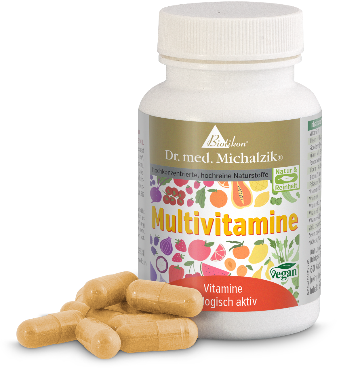 Gélules Multivitamines – 90 pièces Flacon blanc avec des multivitamines, 90 gélules vegan en jaune clair, vue latérale.