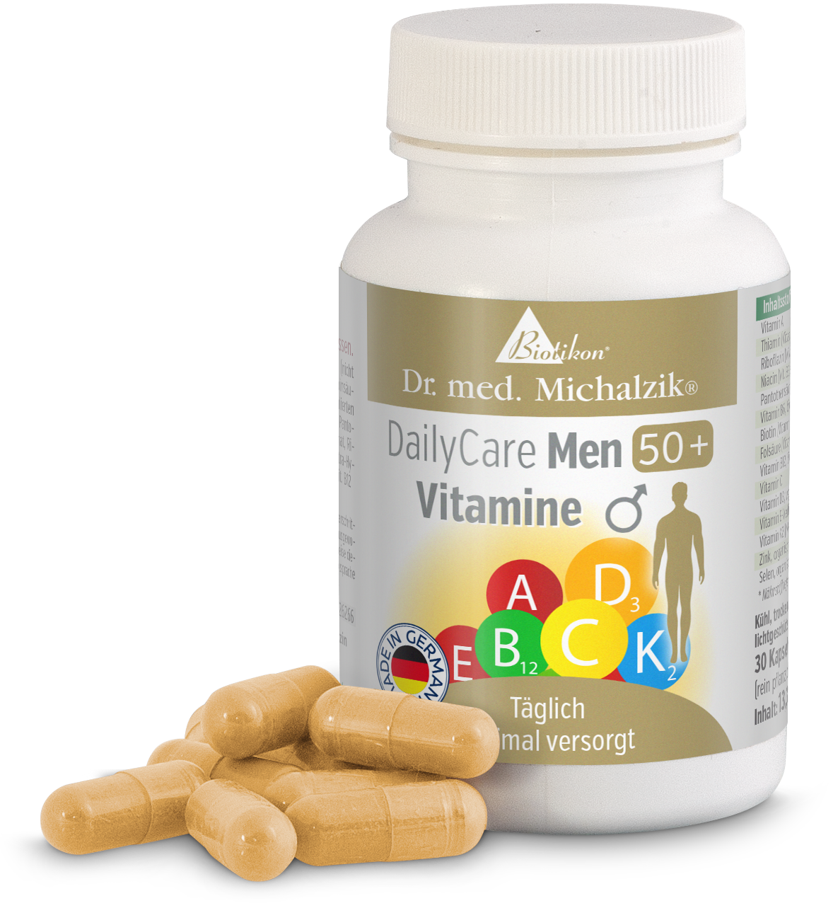 Multivitamines 30 Capsules – DailyCare Hommes 50+ Bouteille avec 30 capsules, capsules beiges devant l'emballage, vue en trois-quarts.