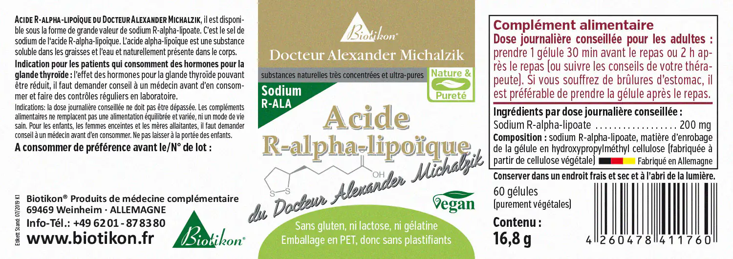 Acide R-alpha-lipoïque 200 mg – 60 Capsules Capsules avec acide R-alpha-lipoïque, 200 mg, 60 pièces, emballage en PET, formule végétalienne, étiquetage en allemand.