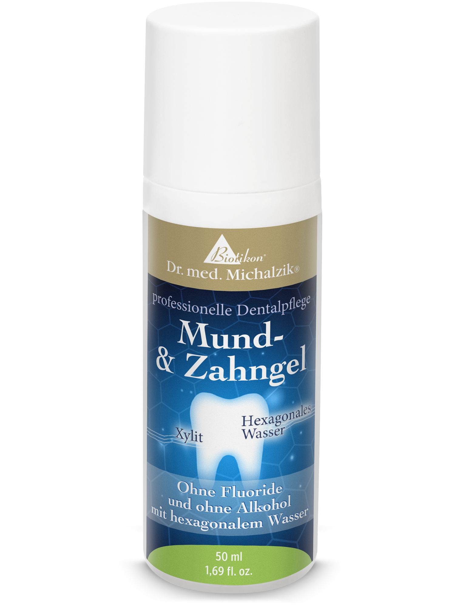Gel Oral & Dentaire – 50 ml Gel oral et dentaire dans un flacon spray, 50 ml, avec xylitol et eau hexagonale, bleu et blanc.