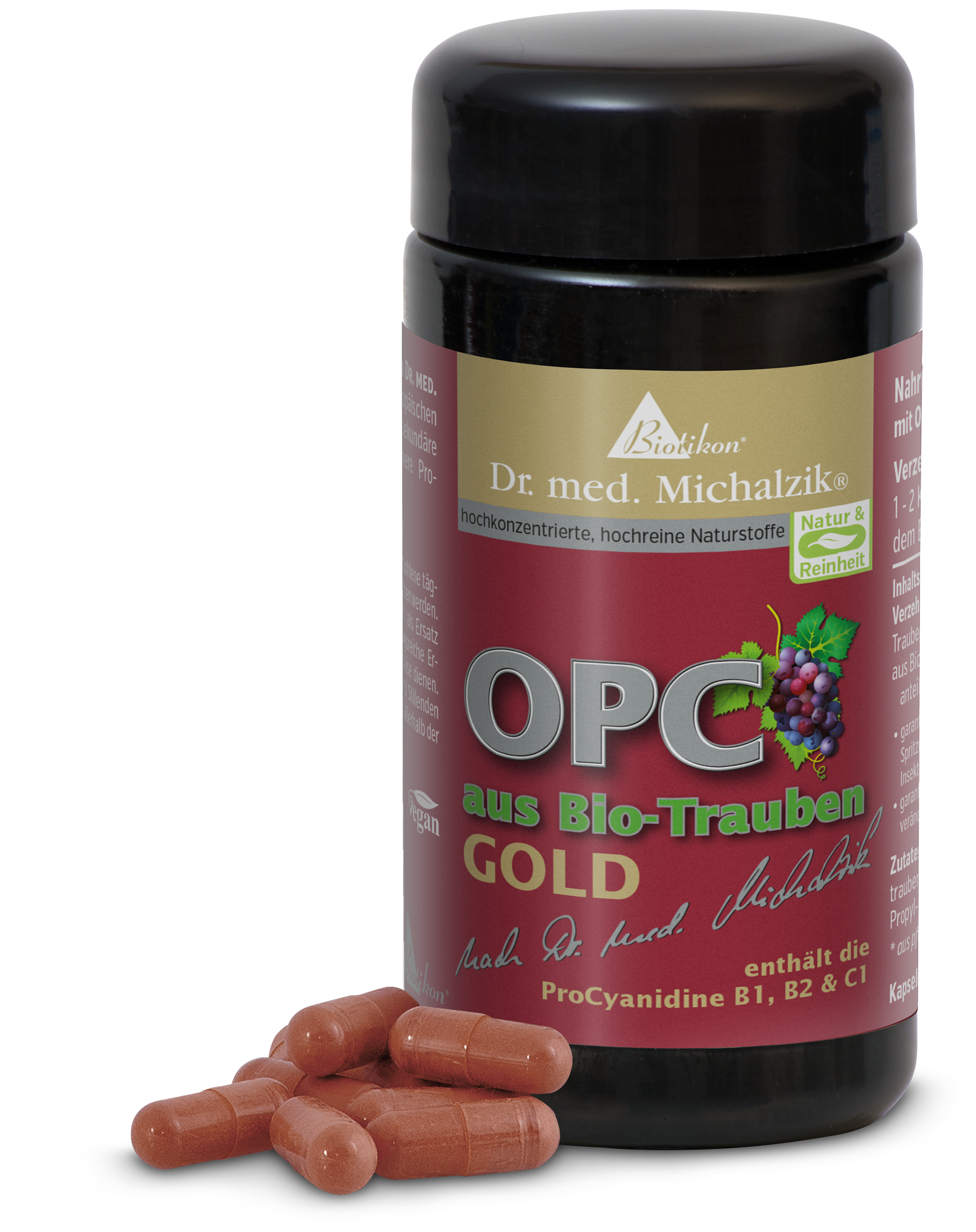 OPC d'or à partir de Raisins Bio – 60 Capsules Boîte avec capsules OPC issues de raisins biologiques, contenant 60 capsules rouges, vue de côté.